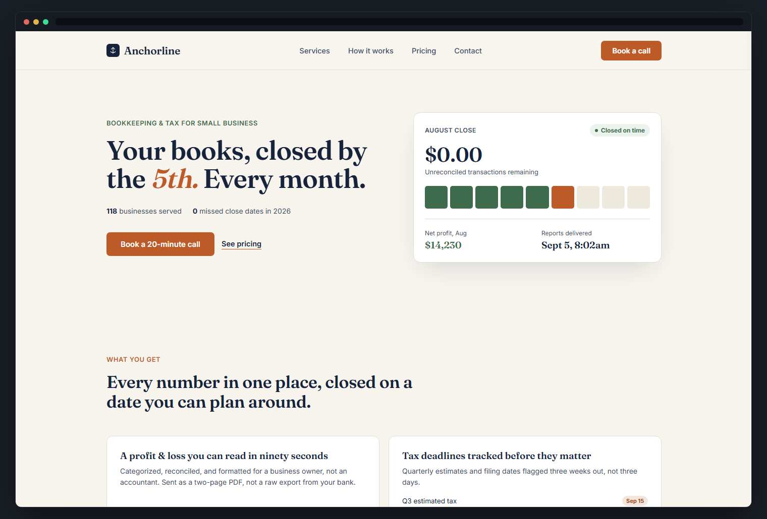 Anchorline Bookkeeping concept site, desktop view