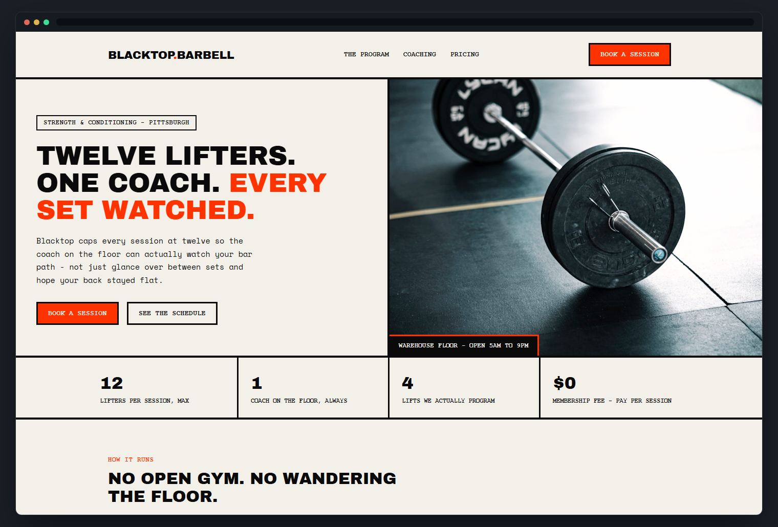 Blacktop Barbell concept site, desktop view