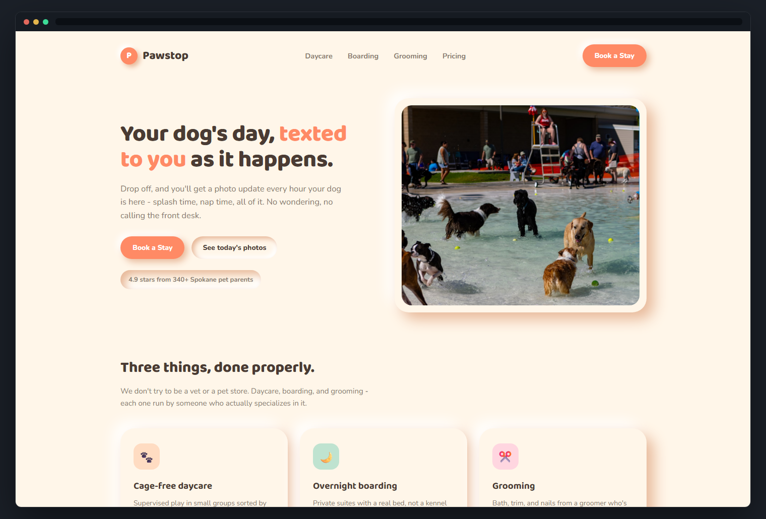 Pawstop Pet Resort concept site, desktop view
